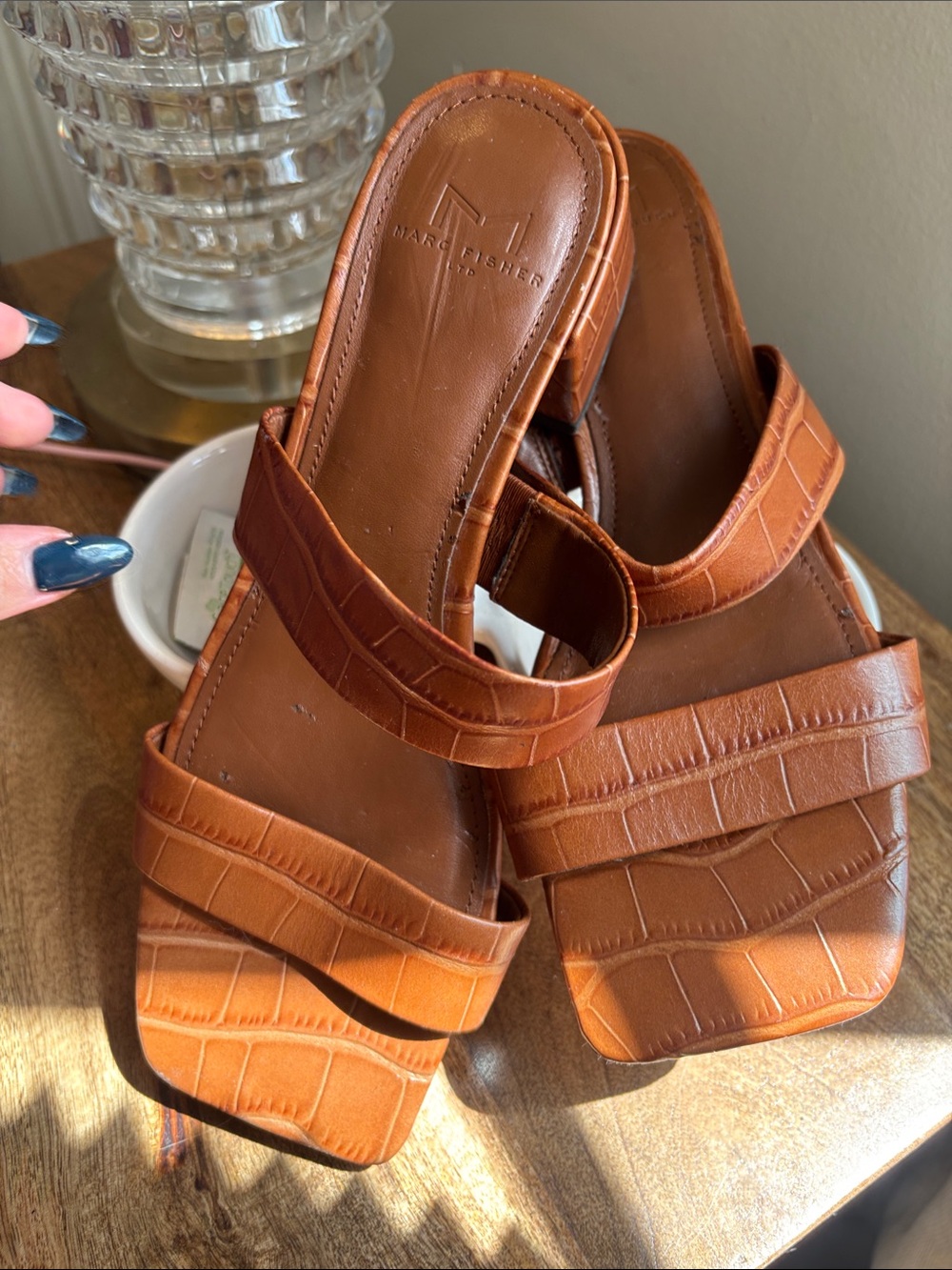 Marc Fisher Croc-Embossed Slide Sandals in Cognac Brown